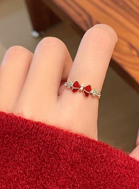 新年红色蝴蝶结开口戒指女小众设计2026新款爆款轻奢高级感食指环