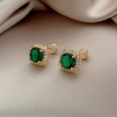 轻奢高级感祖母绿色锆石方糖耳钉女小众设计时尚气质耳环秋冬耳饰