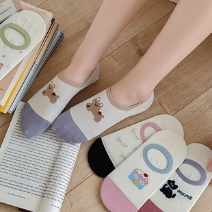 无骨船袜女隐形防滑不掉跟纯棉浅口短袜防臭日系撞色时尚 可爱袜子