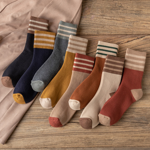 厚袜子女纯棉冬季 加厚保暖中筒袜ins潮加绒毛圈日系条纹女士长袜