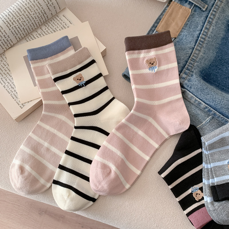 诸暨袜子女纯棉无骨网眼透气春夏薄款长袜刺绣ins潮夏季中筒袜