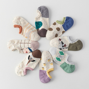 无骨船袜女隐形纯棉防滑不掉跟浅口袜子点子纱夏季 撞色短袜 薄款