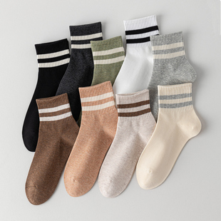 中短筒女纯棉吸汗春秋诸暨无骨袜子双杠学院风日系四季 运动中筒袜