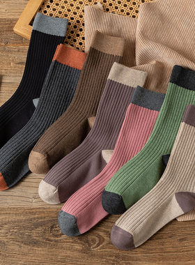 长袜女纯棉秋冬堆堆袜中筒诸暨双针学院风外穿撞色春秋长筒袜子潮