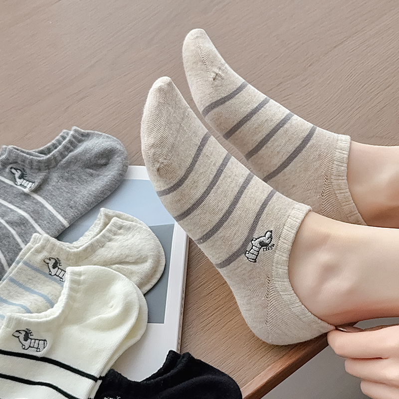 无骨船袜女纯棉夏季条纹浅口袜子防臭吸汗春夏防滑不掉跟隐形短袜
