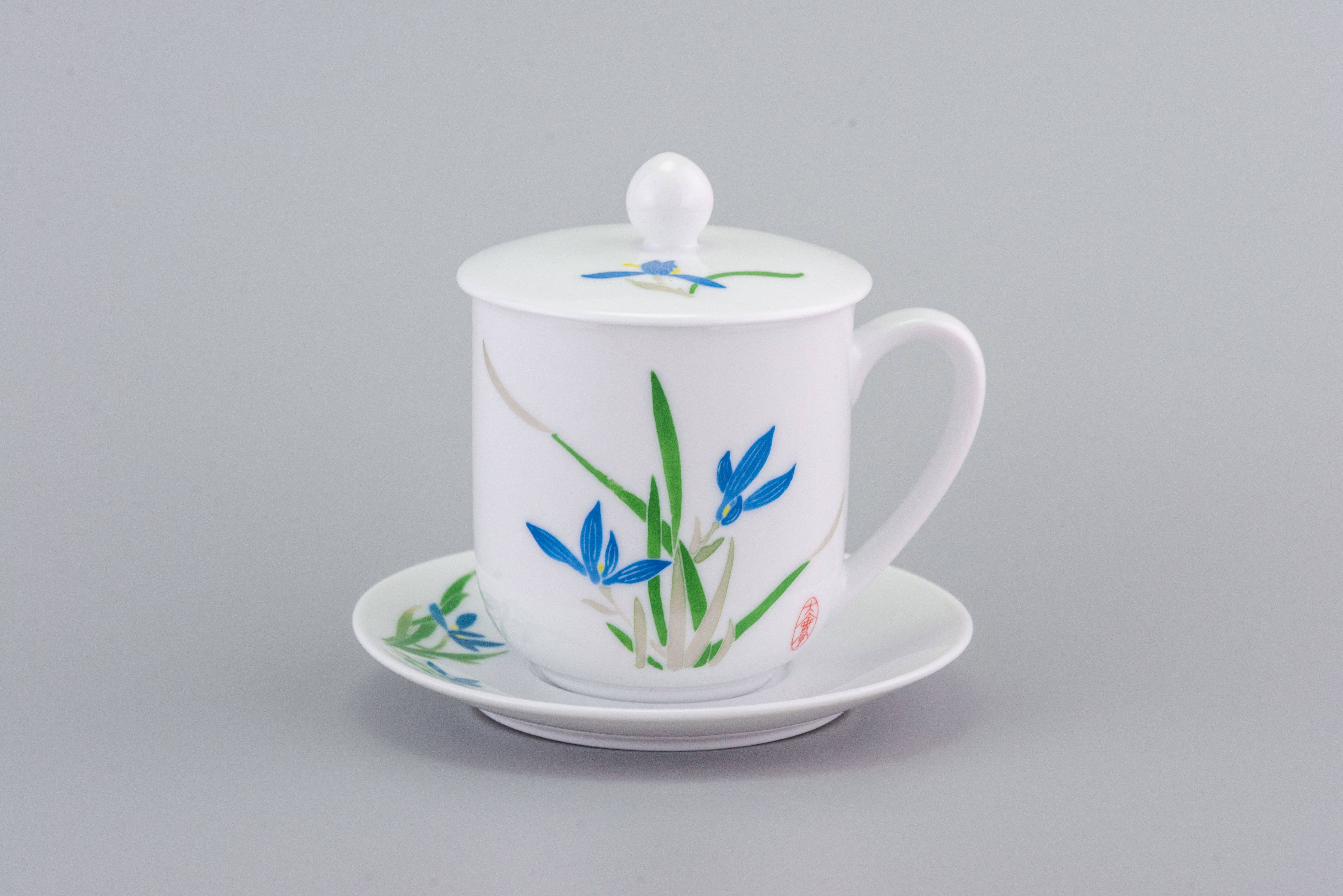 特级人大杯碟醴陵釉下五彩手绘杯办公杯