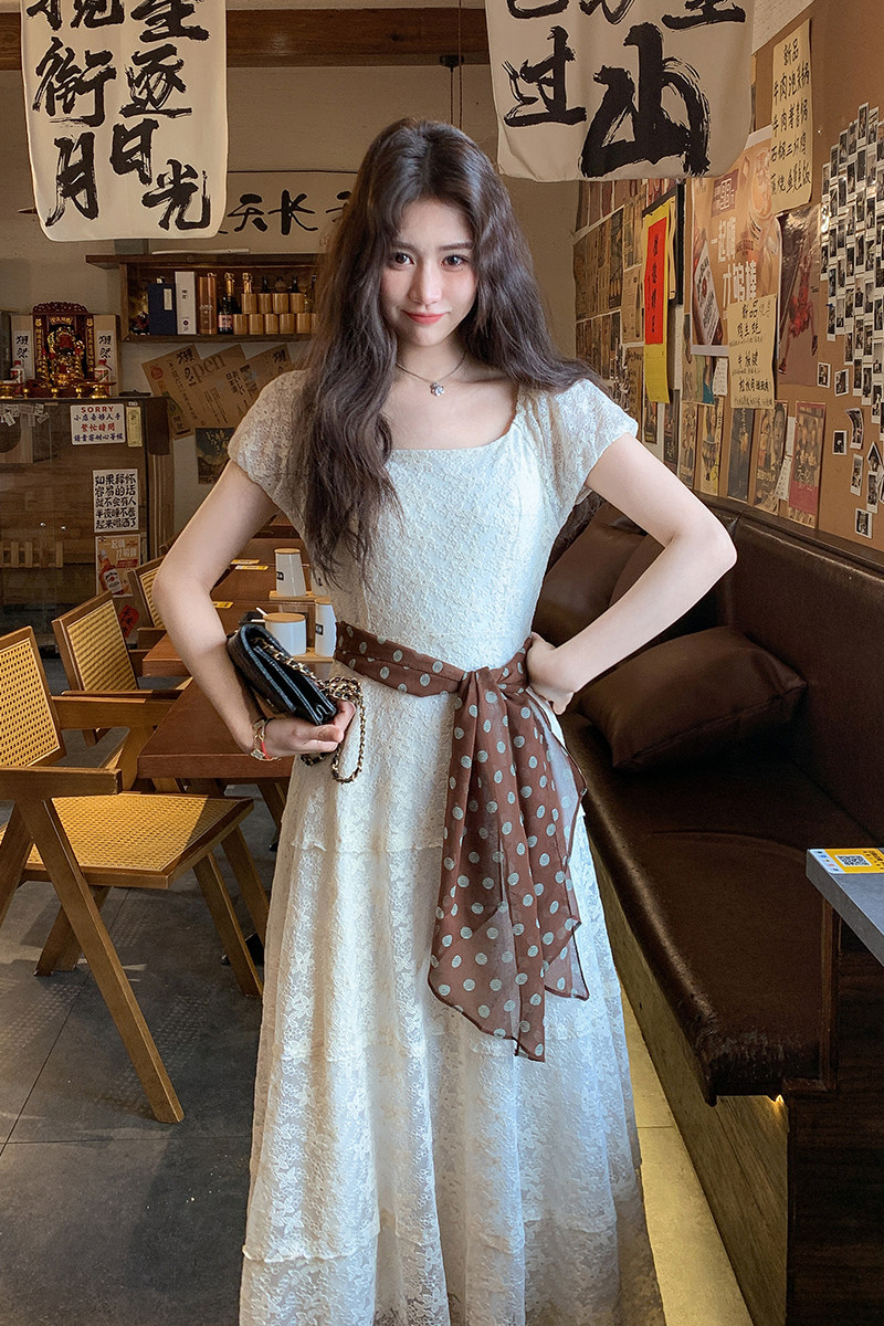米白色重工蕾丝泡泡袖连衣裙女2025夏新款法式甜美气质显瘦茶歇裙,女装连衣裙,浙宝290（原306）