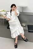法式甜美木耳边泡泡袖连衣裙女2025夏季新款韩版宽松显瘦茶歇长裙，女装连衣裙，浙宝306
