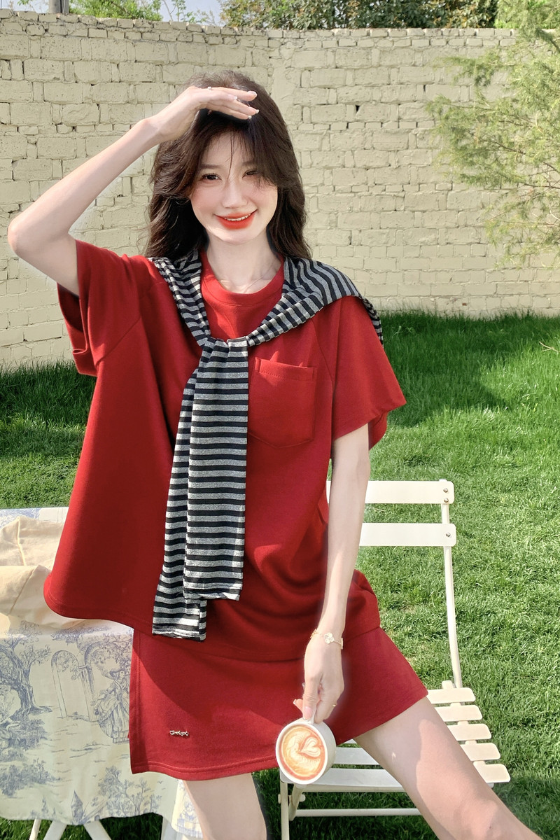 小个子穿搭甜美减龄条纹披肩t恤套装女夏新款学院风半身裙两件套，女装套装/套裙，浙宝290（原306）