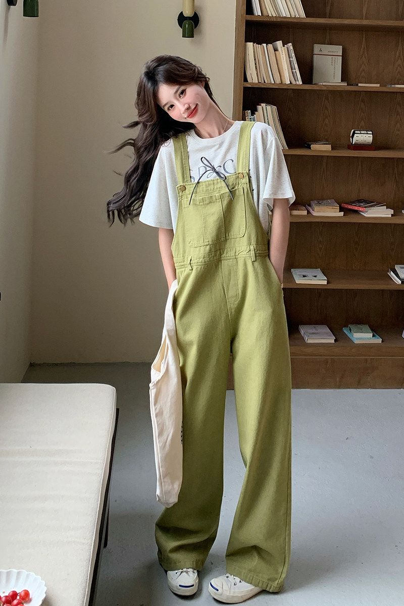 抹茶绿色牛仔背带裤女2025夏季新款韩版减龄小个子工装直筒阔腿裤，女装连体裤，浙宝290（原306）