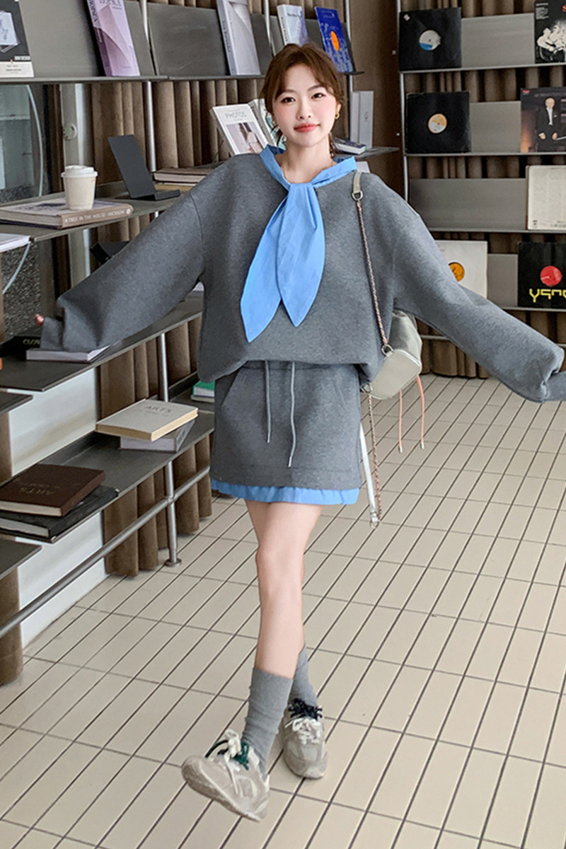 灰色运动休闲卫衣套装裙女春季2025新款拼色显瘦高腰半身裙两件套，女装套装/套裙，浙宝290（原306）
