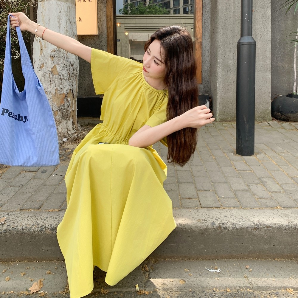 黄色温柔风收腰连衣裙女夏季2025新款韩系chic简约气质超好看长裙，女装连衣裙，浙宝306