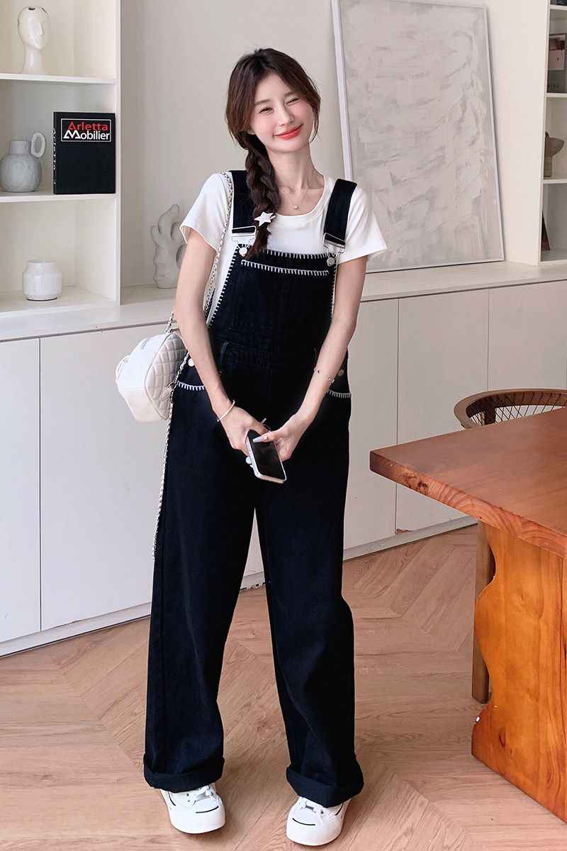 韩版减龄学院风牛仔背带裤女2025夏季新款宽松显瘦盐系高腰阔腿裤,女装牛仔裤,浙宝290（原306）