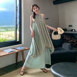 现货新中式天青色笼纱双层度假挂脖连衣裙306-24079-p135-k198，女装连衣裙，浙宝306