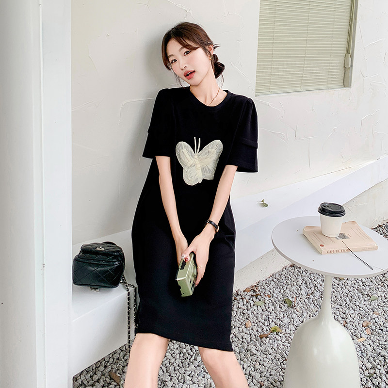 设计款休闲蝴蝶印花T恤裙女夏季2024新款黑色赫本风泡泡袖连衣裙图片