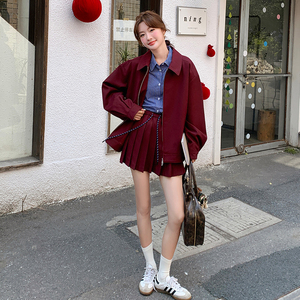 复古红外套百褶裙两件套女2025春季新款韩版学院风减龄搭配一整套图片
