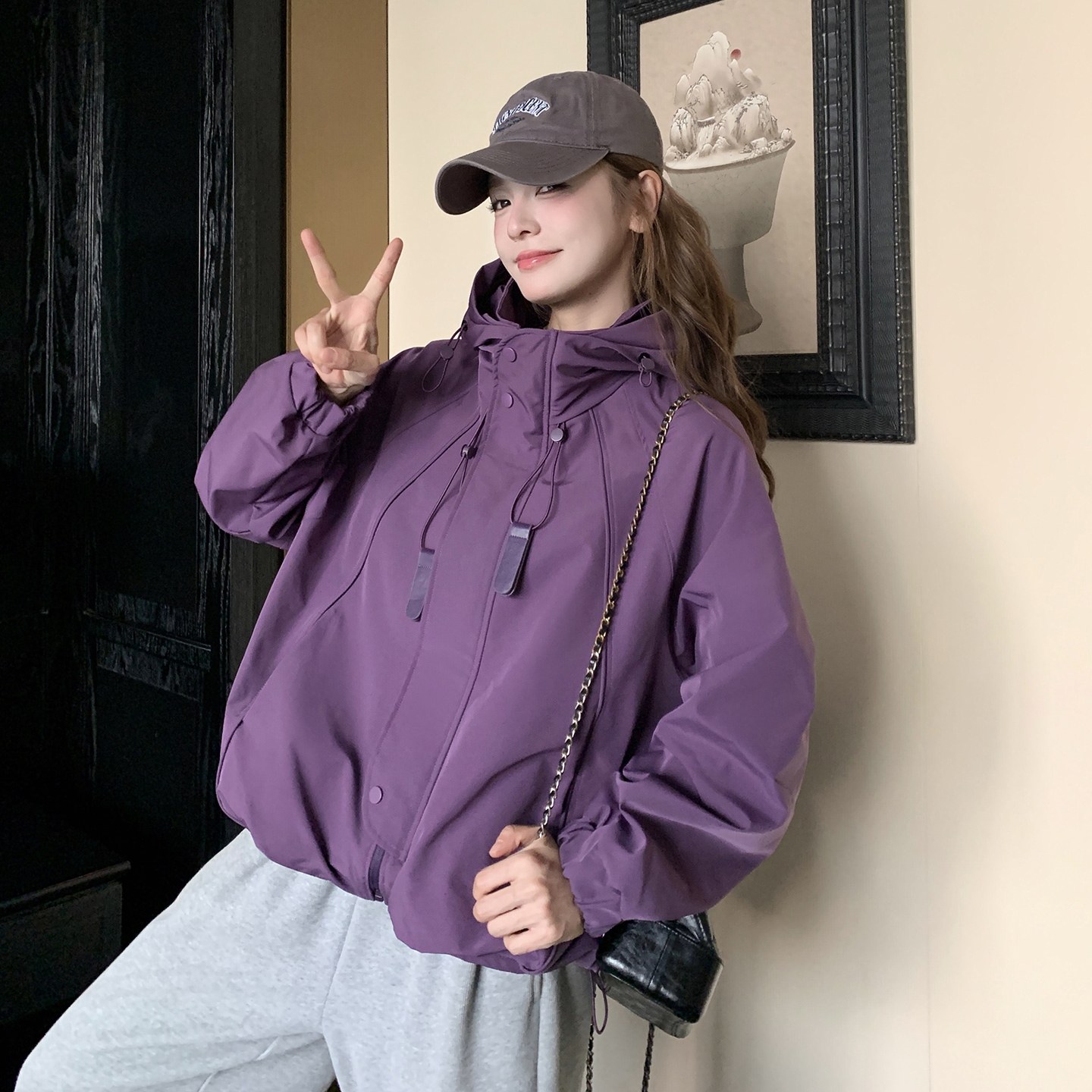 现货-紫色防风防水冲锋外套306-AW71-p155-k238，女装短外套，浙宝290（原306）