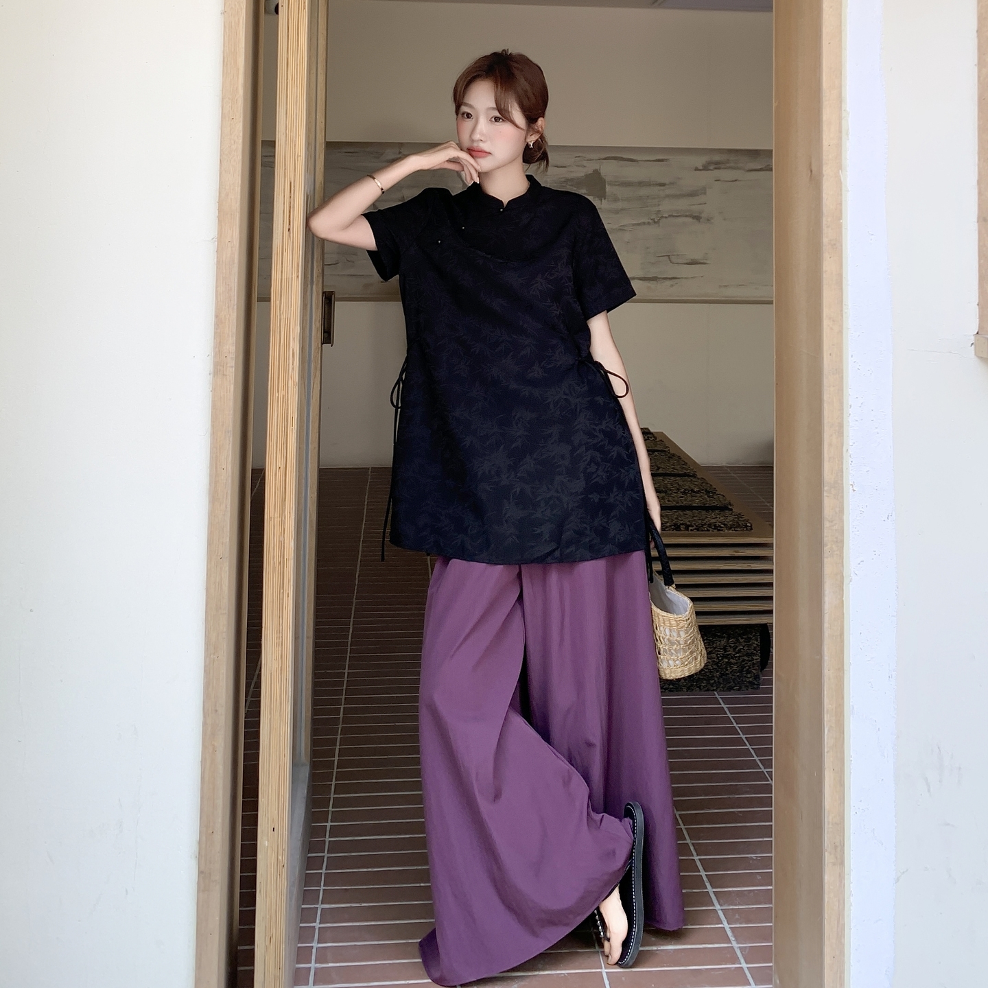 新中式国风收腰显瘦盘扣上衣套装女2025夏季新款高腰阔腿裤两件套，女装套装/套裙，浙宝306