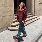 红色高级感复古PU皮衣外套女秋季2025新款油蜡感短款机车皮夹克，女装皮衣，浙宝306
