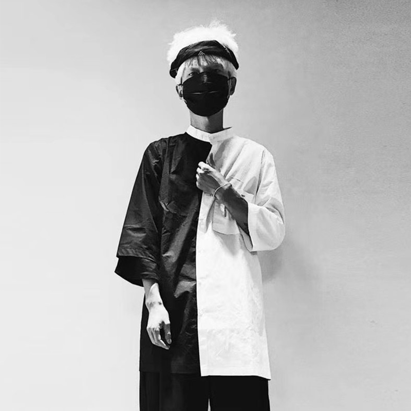 外穿国潮七分袖黑白上衣工装衬衫