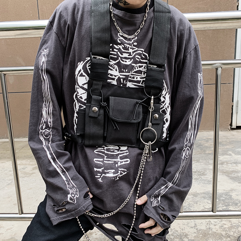 暗黑高街国潮原创设计ins同款 机能嘻哈战术马甲背心 多口袋胸包