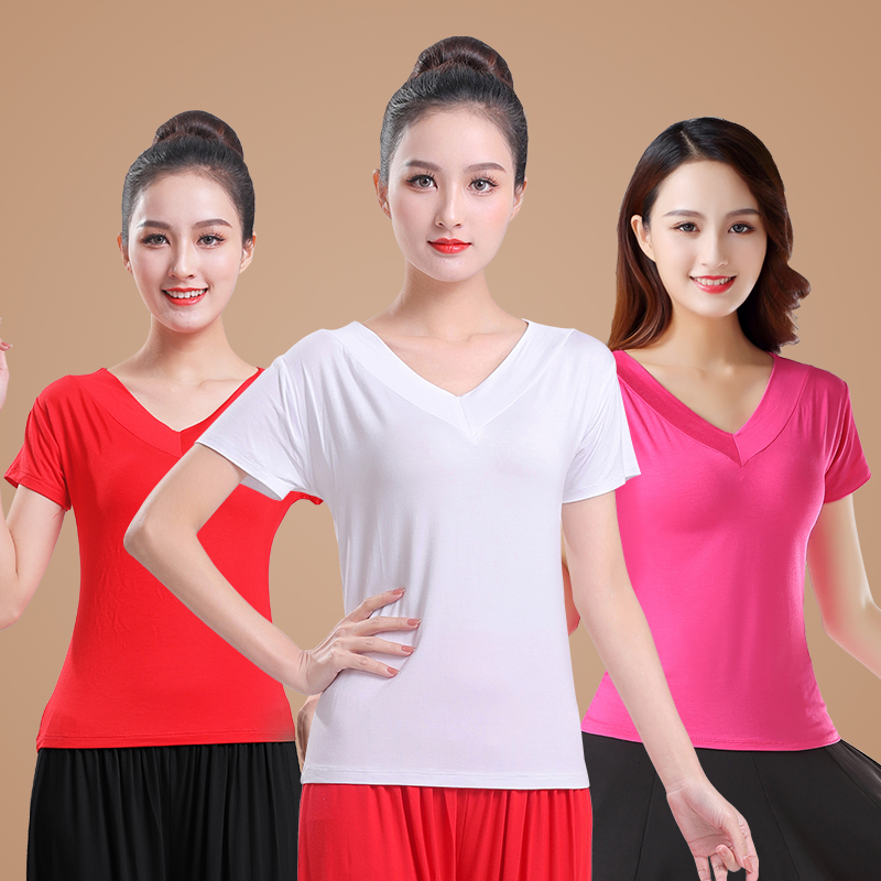 广场舞上装V领修身短袖厂家直销