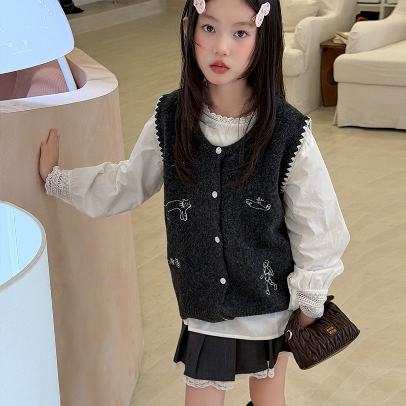 MAiDUYESHE轻奢女童秋装套装2026新款中大儿童马甲衬衫针织衫背心
