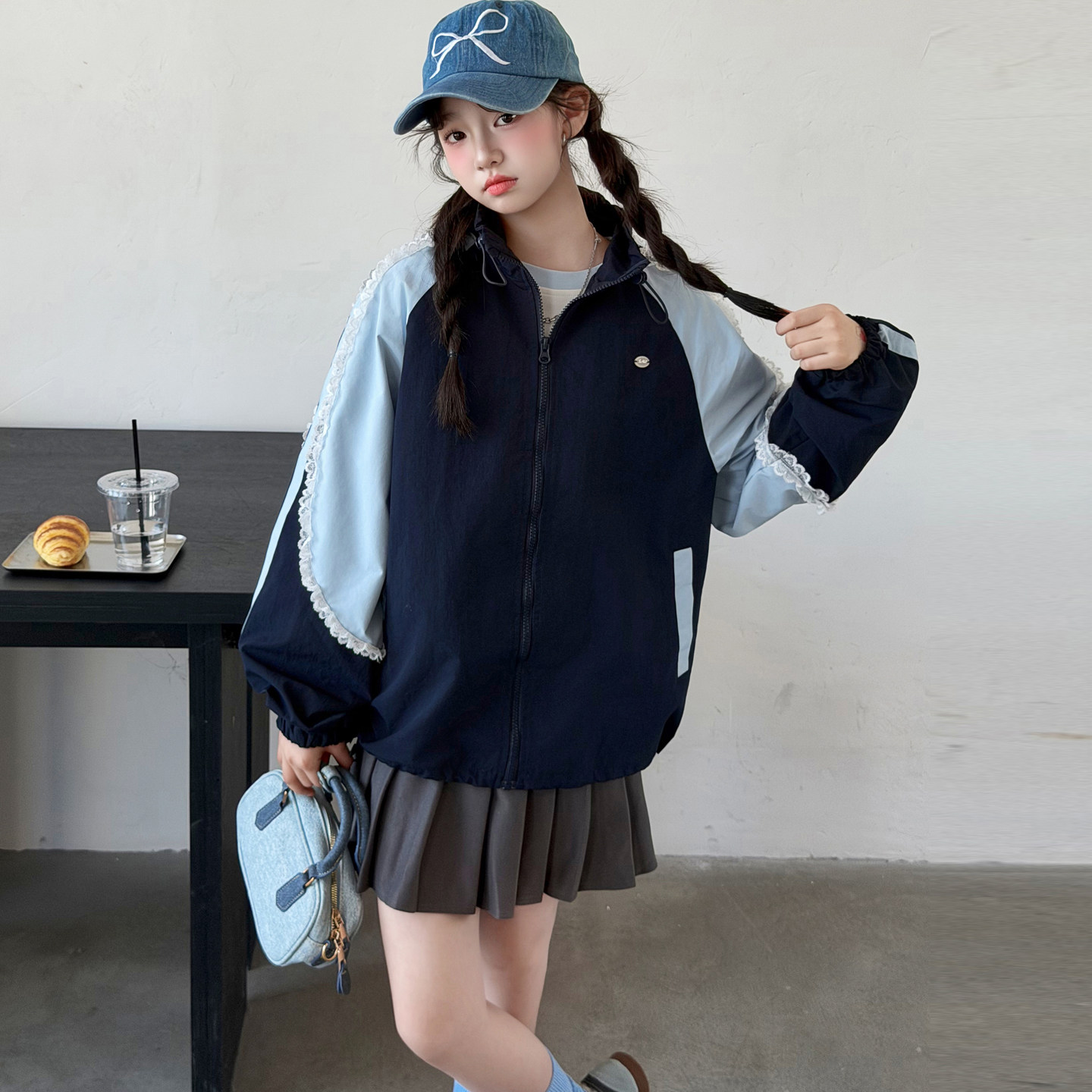 女童秋装刺绣拼色夹克新款外套