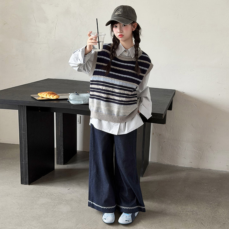 女童学院风秋装针织马甲衬衫套装