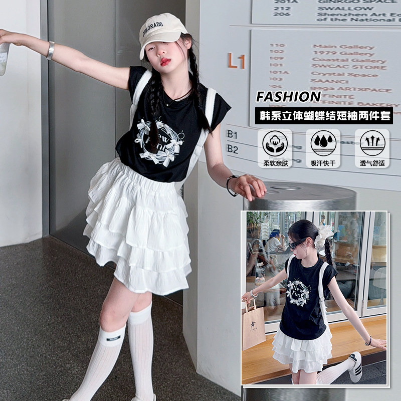 女童上衣夏薄款2026新款大童女孩超好看白色短袖t恤儿童裙子套装