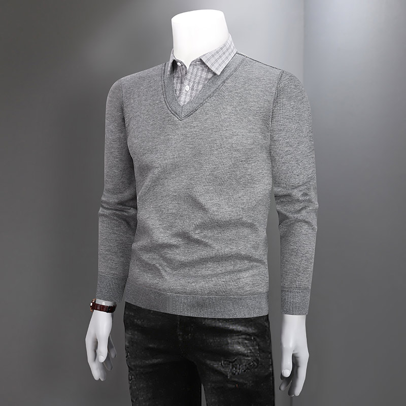 冬季男士保暖衬衫加绒假两件长袖修身寸休闲加厚毛衣青年潮流衬衣