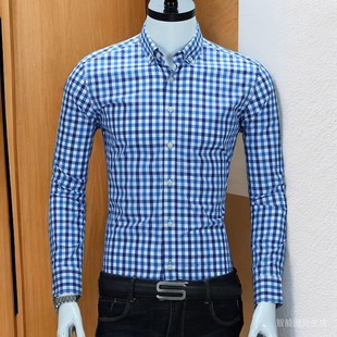 免烫寸衫 蓝色格子衬衫 修身 长袖 高级帅气纯棉休闲潮流格纹衬衣 男士