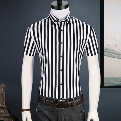 黑白条纹纯棉韩版修身短袖衬衣男