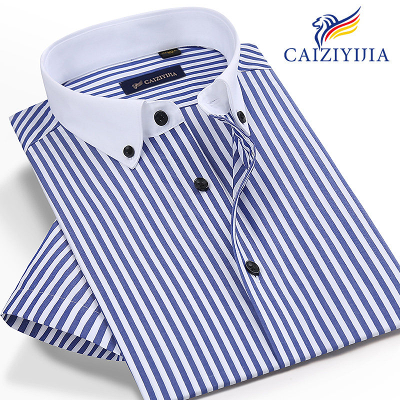 夏季男士蓝色条纹衬衫短袖修身潮流商务休闲半袖纯棉免烫白领衬衣