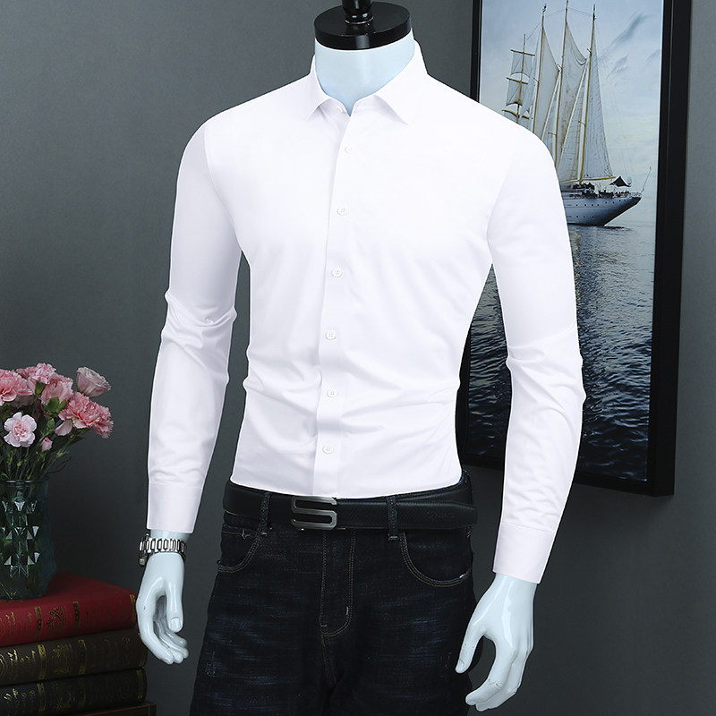 夏季男士长袖衬衫抗皱免烫商务正装高端冰丝速干休闲衬衣白色寸衫