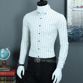 男士 修身 长袖 秋季 衬衫 男韩版 白条纹衬衣帅气潮流休闲日系免烫寸衫