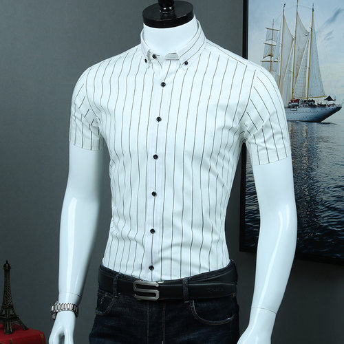 白色条纹港风痞帅日系短袖衬衫潮