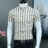 商务休闲帅气衬衣韩版 夏季 潮流青年寸 男条纹修身 男士 纯棉短袖 衬衫