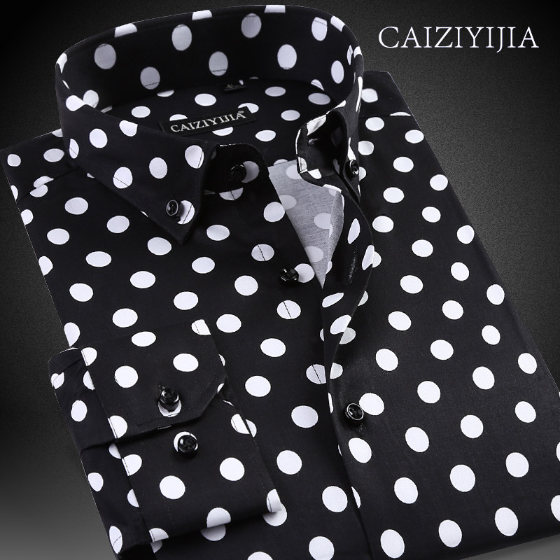 秋季男士长袖网红圆点衬衫黑色男潮流美式修身寸衫休闲波点花衬衣