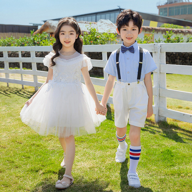 六一儿童演出服幼儿园女童舞蹈蓬蓬裙男女童毕业照白色表演服纯棉