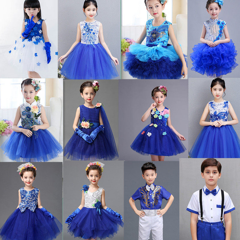 儿童蓝色演出服小学生合唱服女童公主裙蓬蓬纱裙幼儿园小班舞蹈服