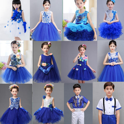 儿童蓝色演出服小学生合唱服女童公主裙蓬蓬纱裙幼儿园小班舞蹈服