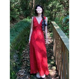 海边度假气质红色v领碎花无袖 高级感长裙 连衣裙子女春季 2025新款