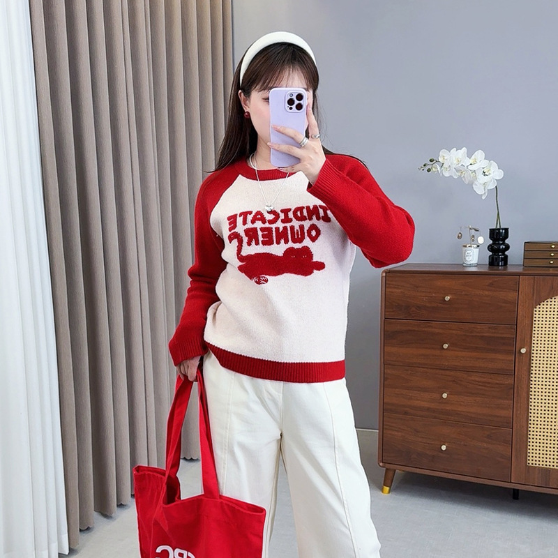 子元新款秋季2025大码女装长袖上衣胖mm卡通猫咪撞色拼接毛衣F552