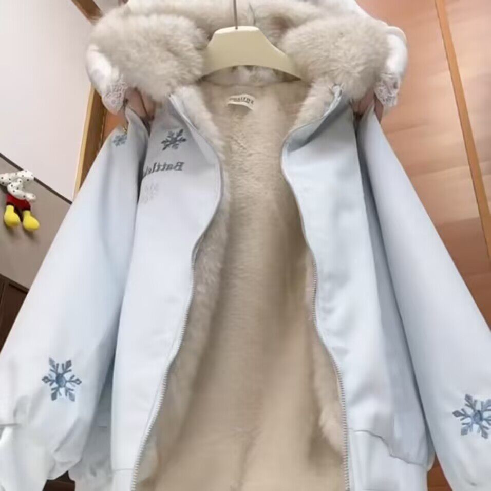 美式复古雪花刺绣毛领连帽座山雕棉服男女冬季加绒加厚外套情侣款