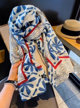 法国CINS KINS 蓝色冰花~围巾女外搭棉麻丝巾旅游防晒遮阳长披肩