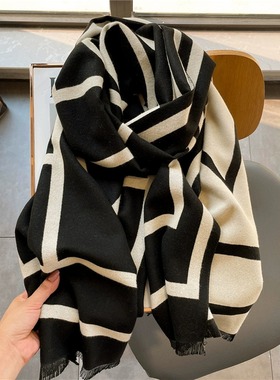 法国CINSKINS新款日系百搭围巾女羊绒披肩几何印花加长保暖女围脖