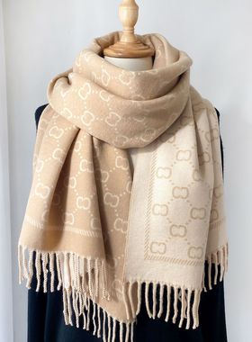 法国CINS KINS楚楚可人~秋冬季羊绒保暖提花流苏围巾几何空调披肩