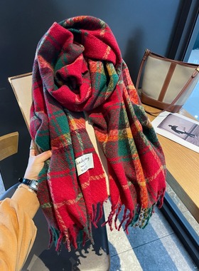 法国CINSKINS经典红绿大格子流苏围巾披肩冬季双面保暖学生围脖女