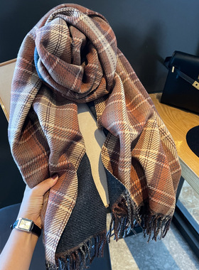 法国CINSKINS双面格子羊绒围巾加厚百搭披肩外搭保暖围脖女